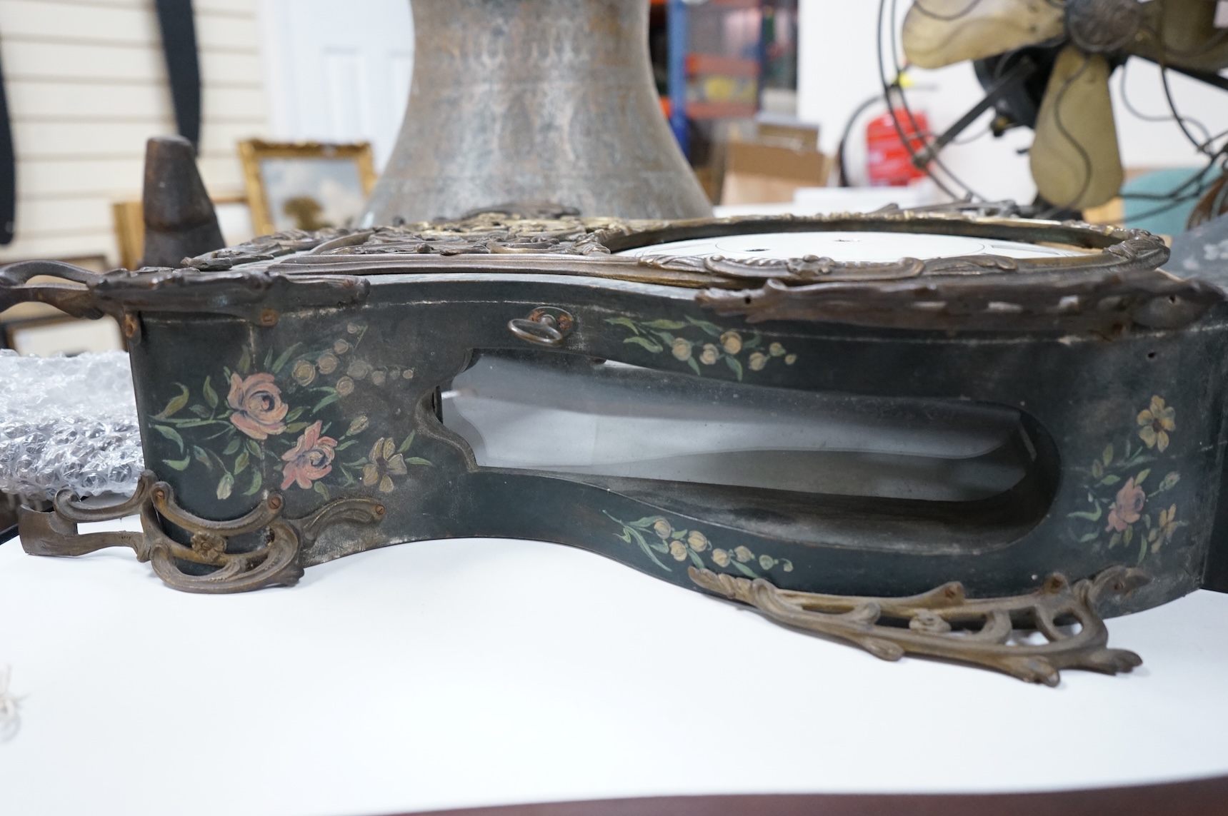 A Louis XV style gilt metal mounted Vernis Martin bracket clock case and bracket, lacking movement, 77cm high